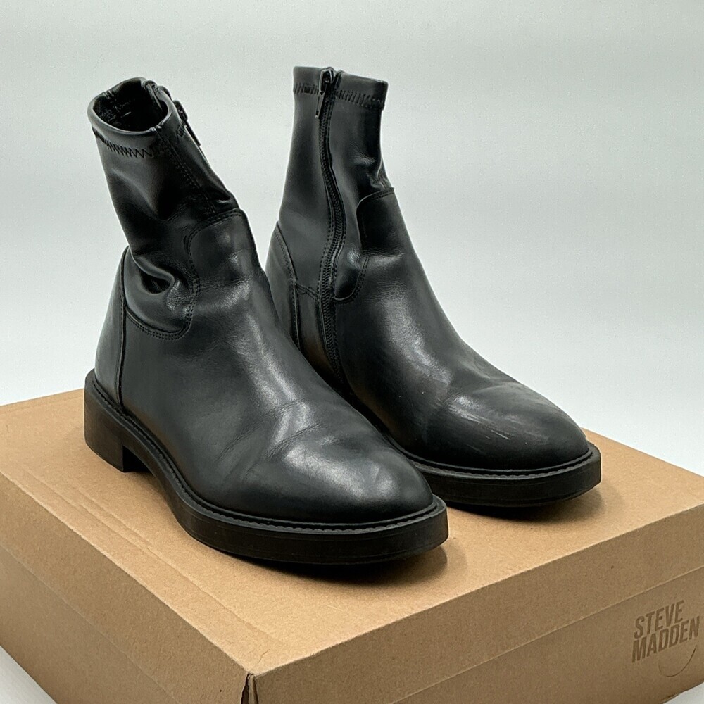 Steve Madden Lazio Boots Women's 8 Black Leather Block Heel Ankle Bootie Ebay326
